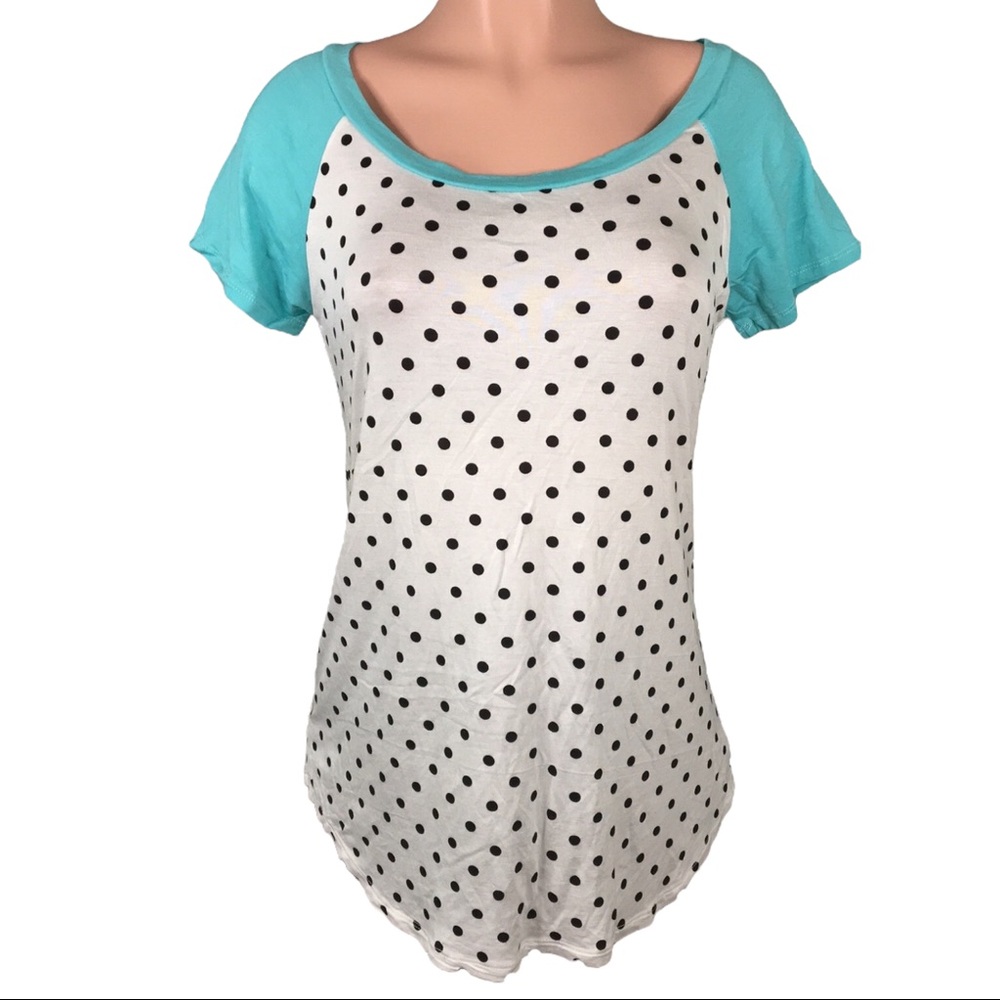 E.Luna Teal & Polka Dot Short Sleeve Raglan Baseball Scoop Neck Top Large